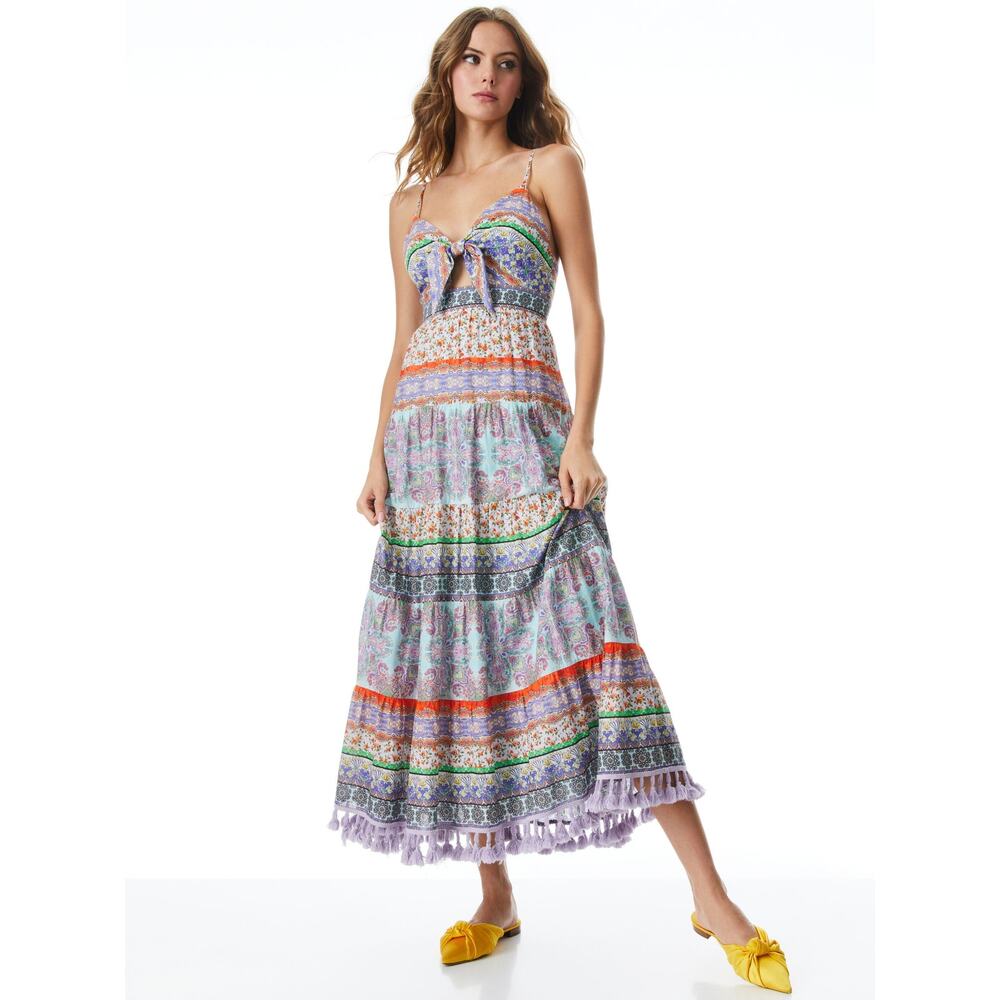 ALICE + OLIVIA Minka Tassel Fringe Maxi Dress Ritzy Multi Tie Front Women's 8 - Picture 15 of 16
